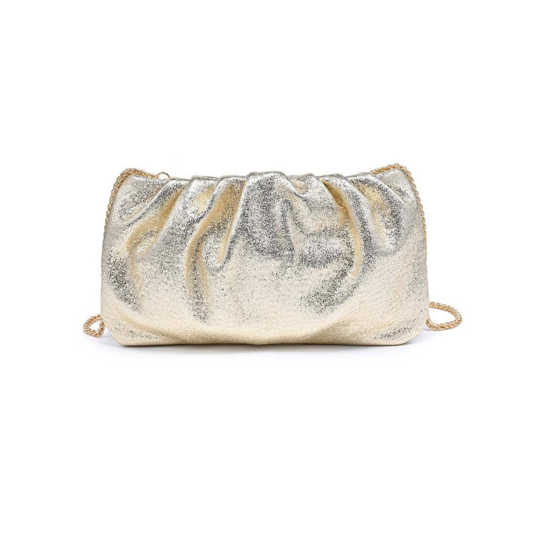 Moda Luxe fancy clutch gold metallic gold ruched design clutch bag with delicate chain strap for elegant occasions