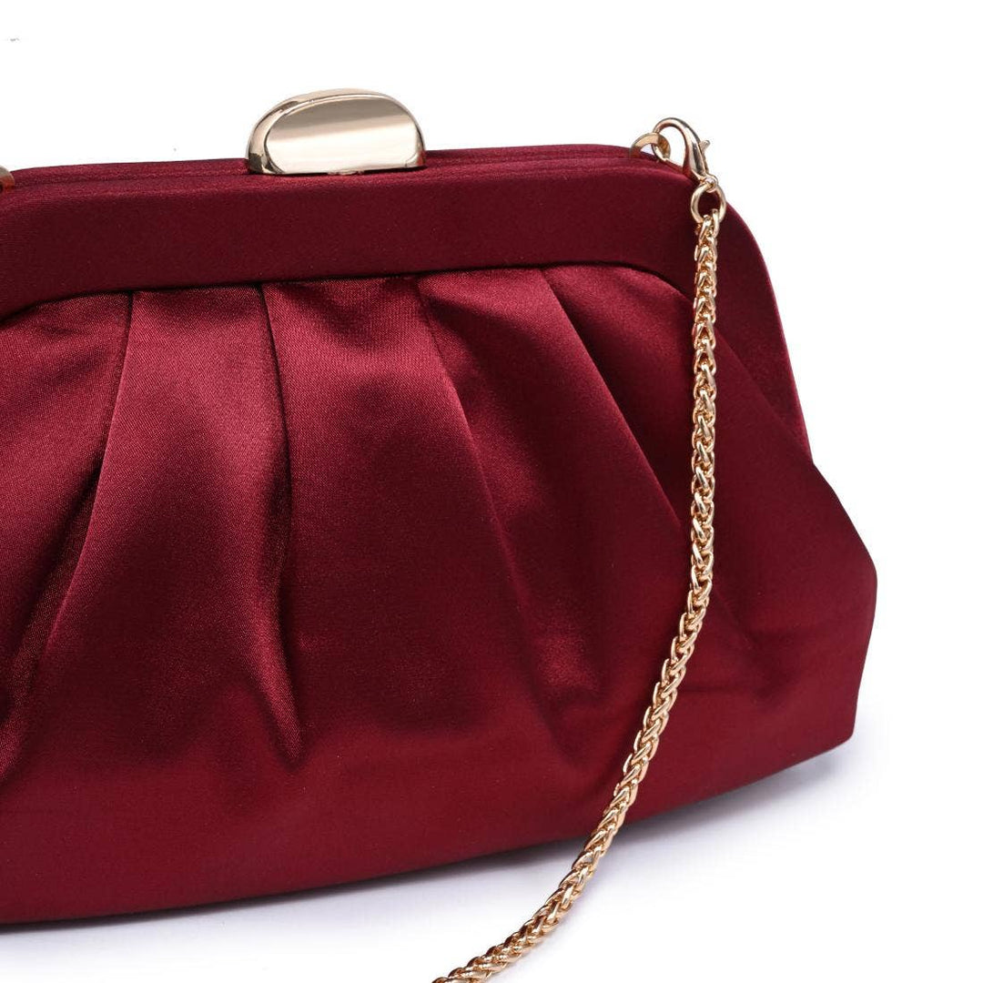 Evening clutch burgundy satin bag with rich burgundy color gold-tone clasp and matching chain strap for formal events