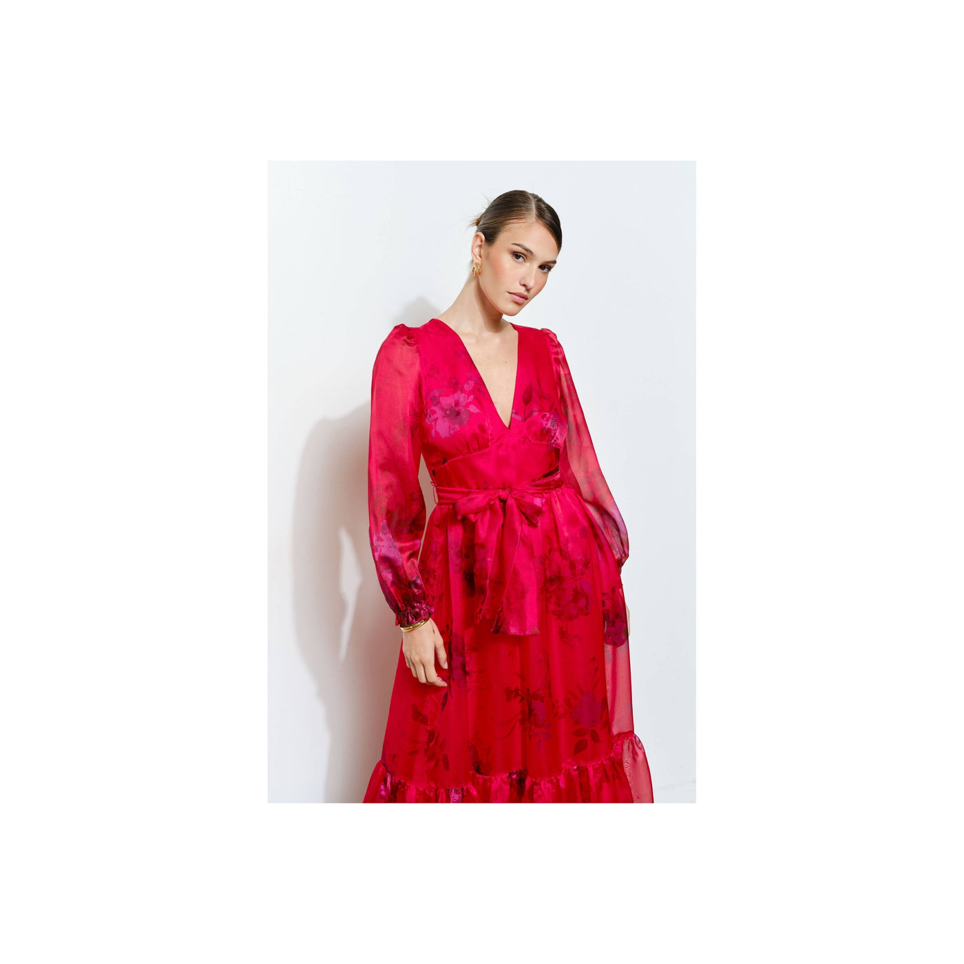 INA Floral Print Organza Red Maxi Dress