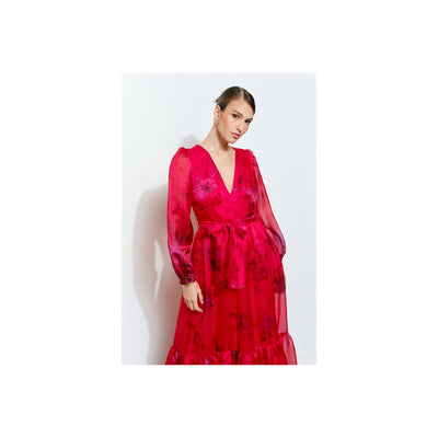 INA Floral Print Organza Red Maxi Dress