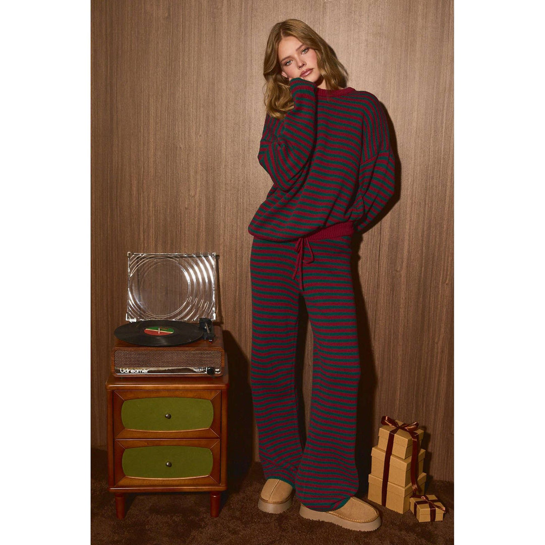Striped Knit Sweater and Wide Leg Pant Set-Red + Green