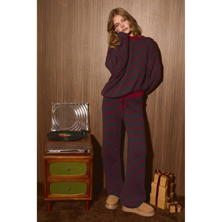 Striped Knit Sweater and Wide Leg Pant Set-Red + Green