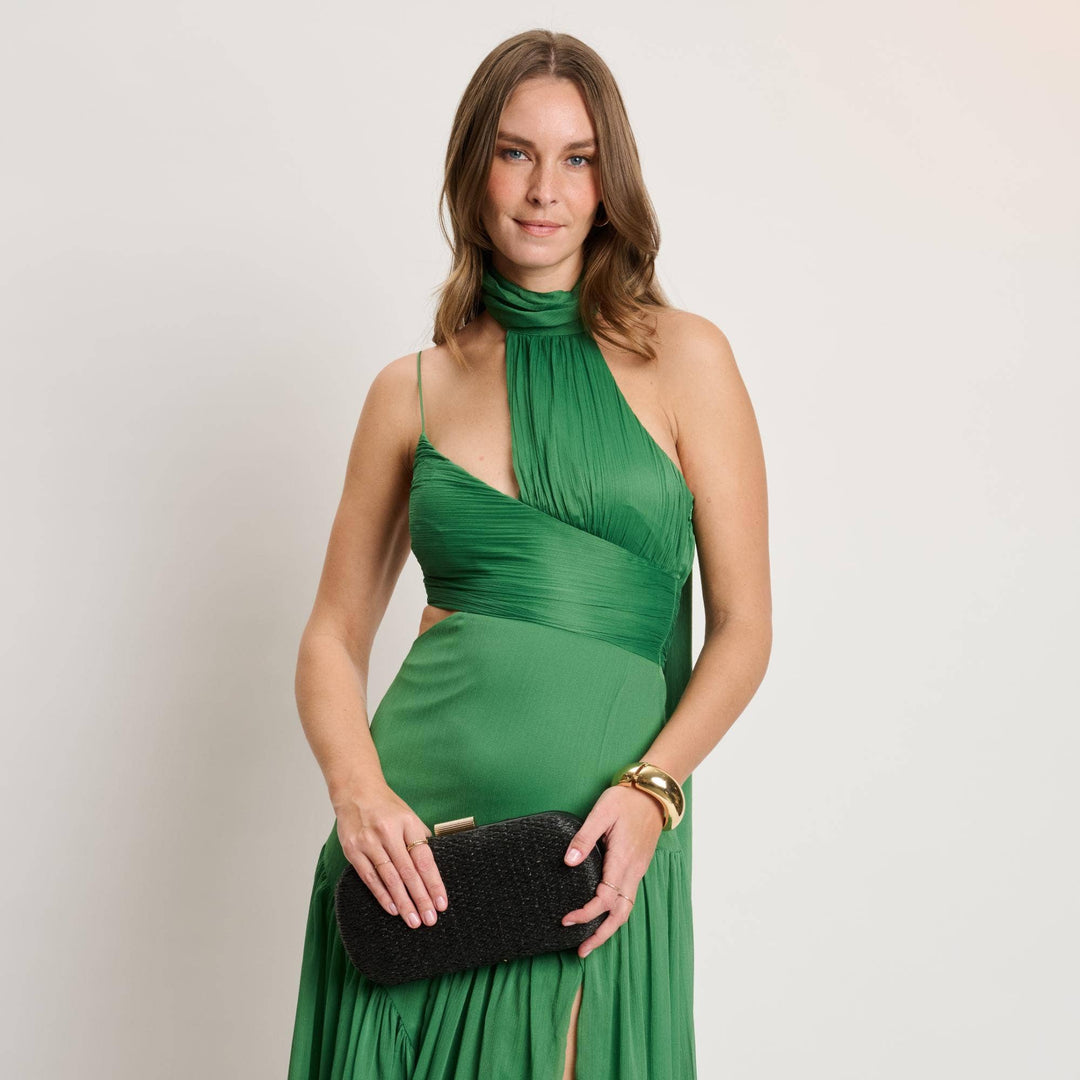 Black textured leather quinn evening bag clutch with gold-tone clasp perfect for formal occasions