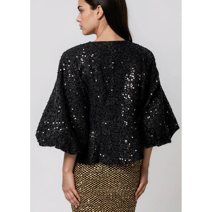 Black sequined tinsel balloon sleeve jacket with cape-style bell sleeves for elegant evening wear