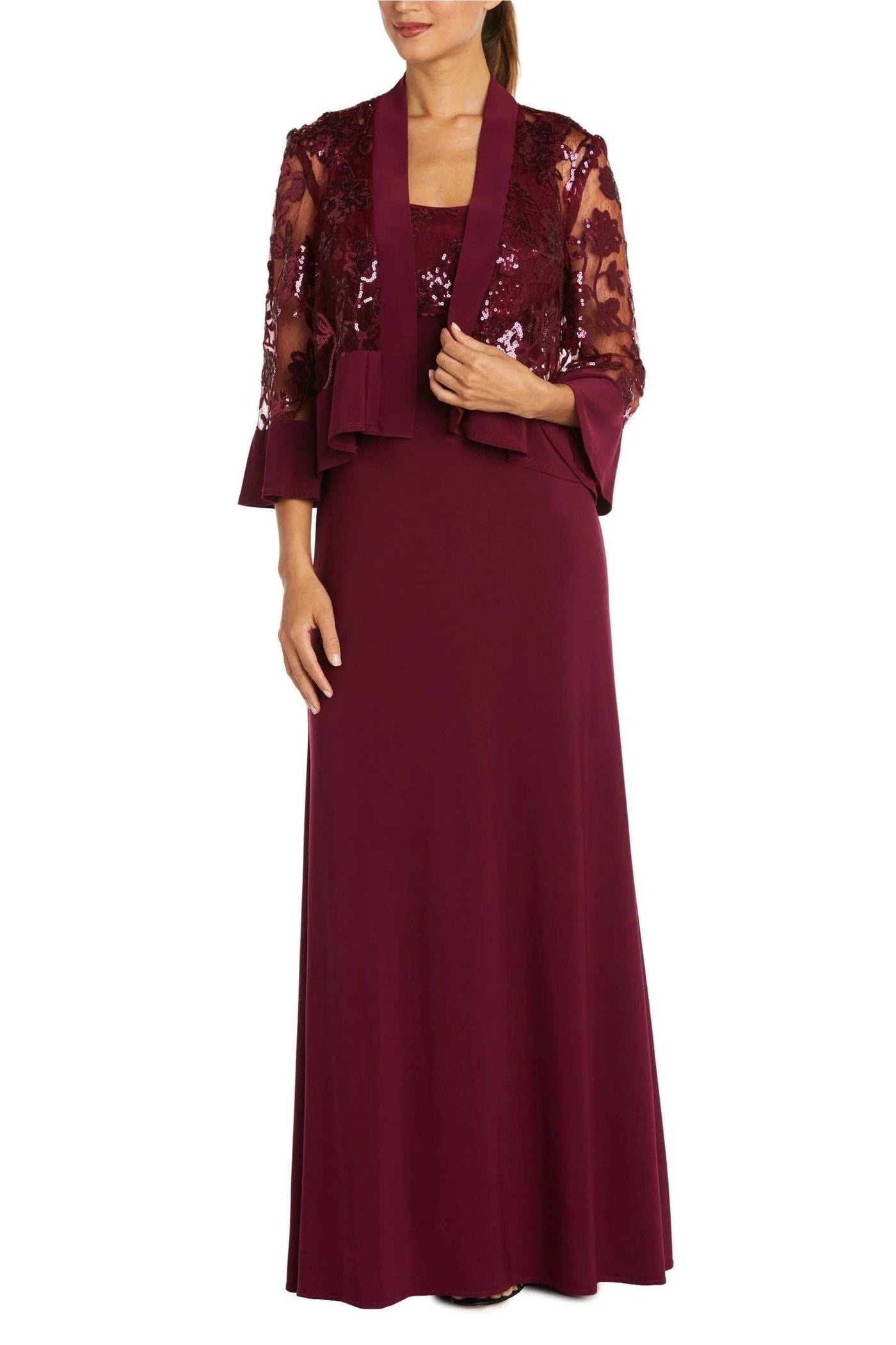Scoop Neck Sleeveless Dress with Sequin Mesh Lace Jacket Merlot