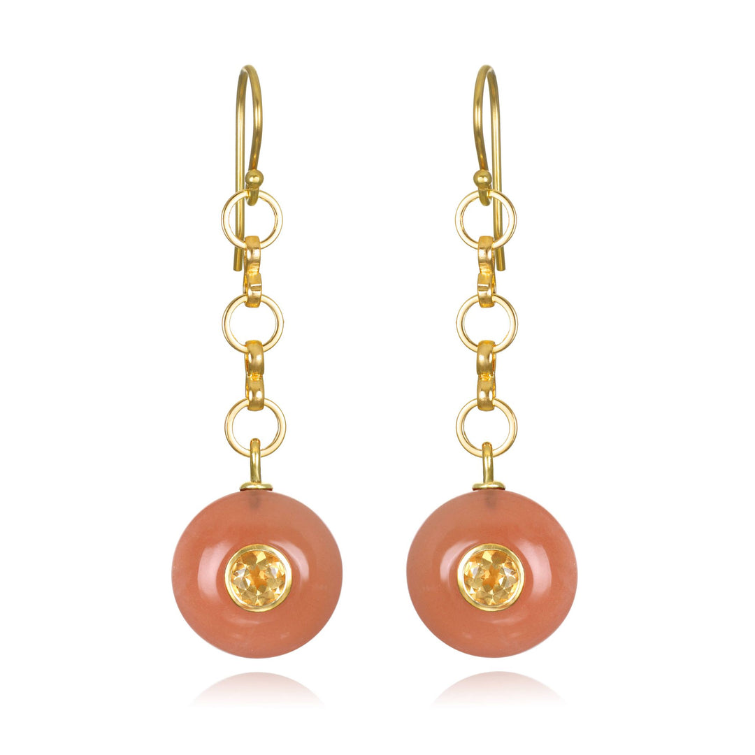 Delicate gold-toned double gemstone dangle earrings with peach coral beads and central yellow citrine stones