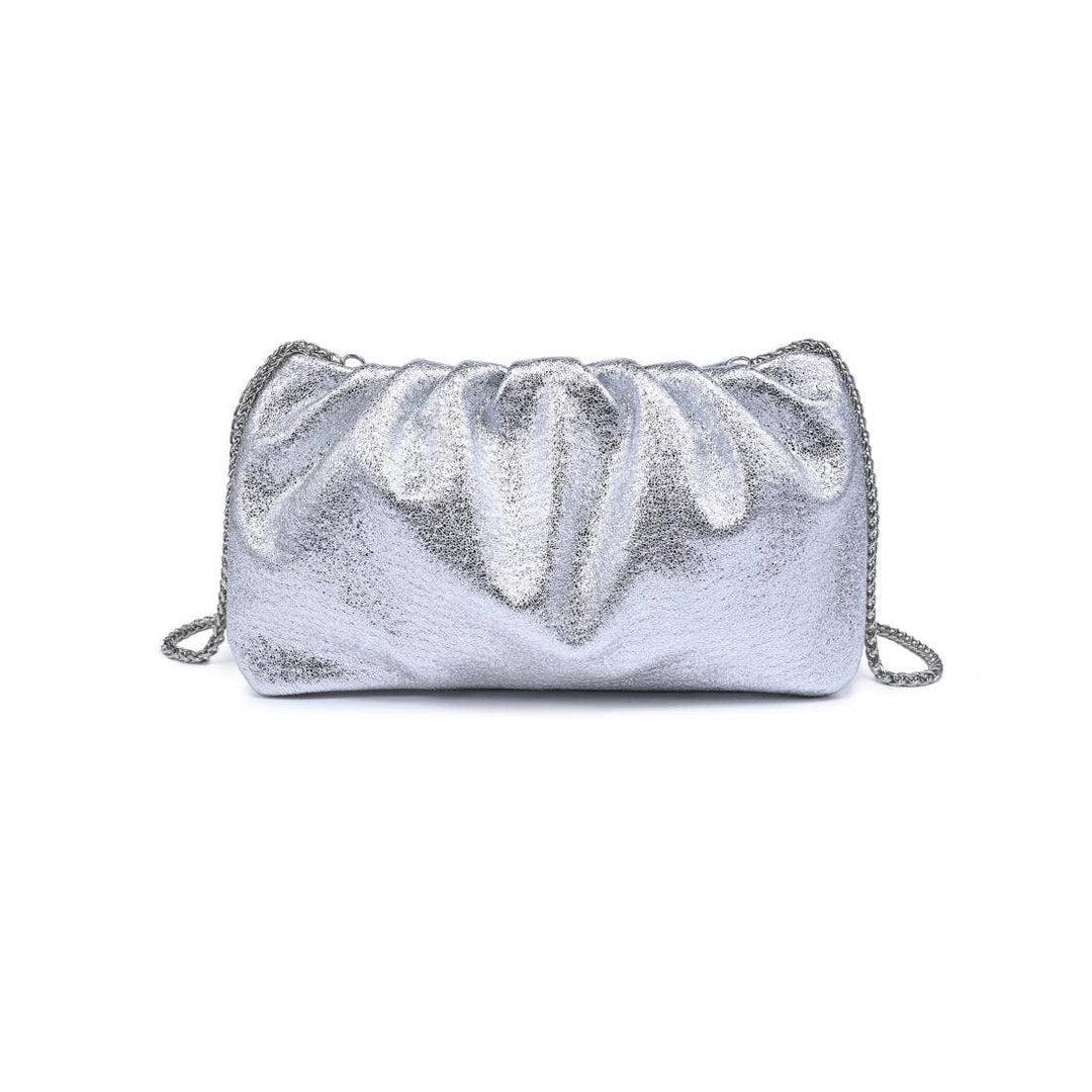 Moda Luxe Fancy Clutch silver metallic clutch bag with gathered ruched top and silver chain strap