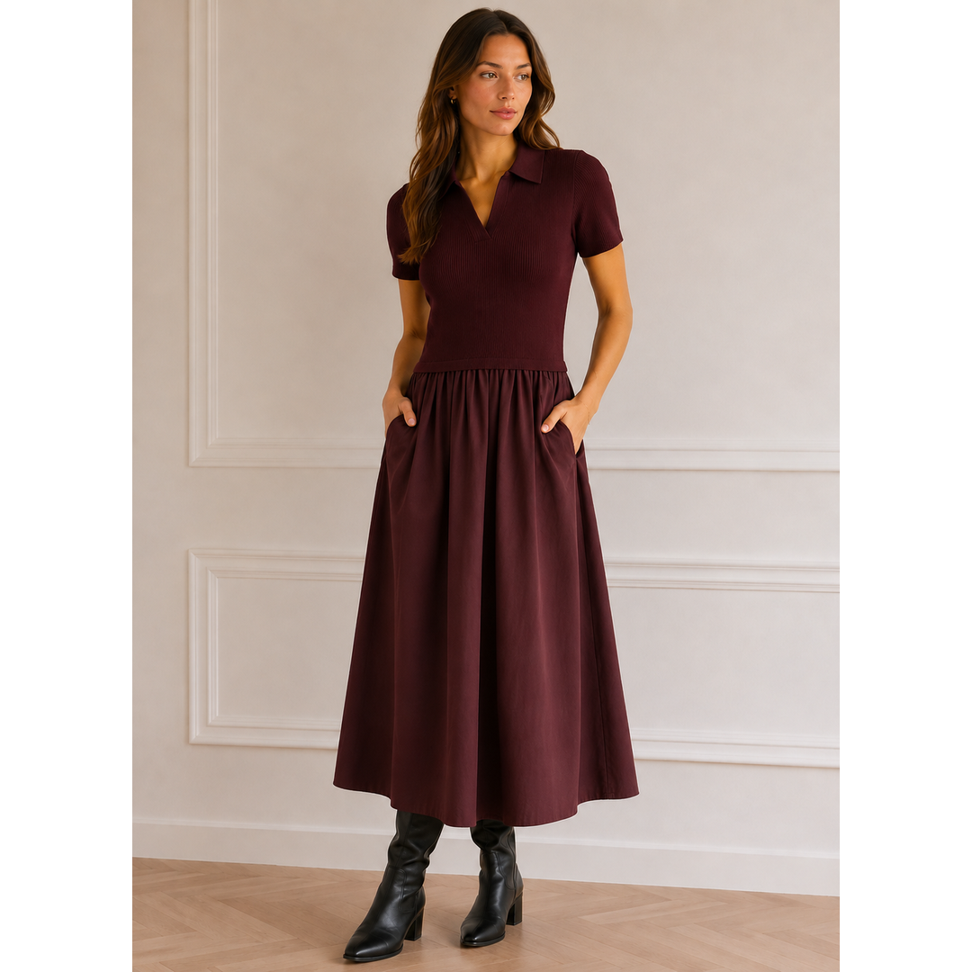 A women’s maroon ribbed knit mixed media dress with collar short sleeves elastic waistband and full skirt