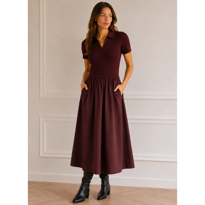 A women’s maroon ribbed knit mixed media dress with collar short sleeves elastic waistband and full skirt