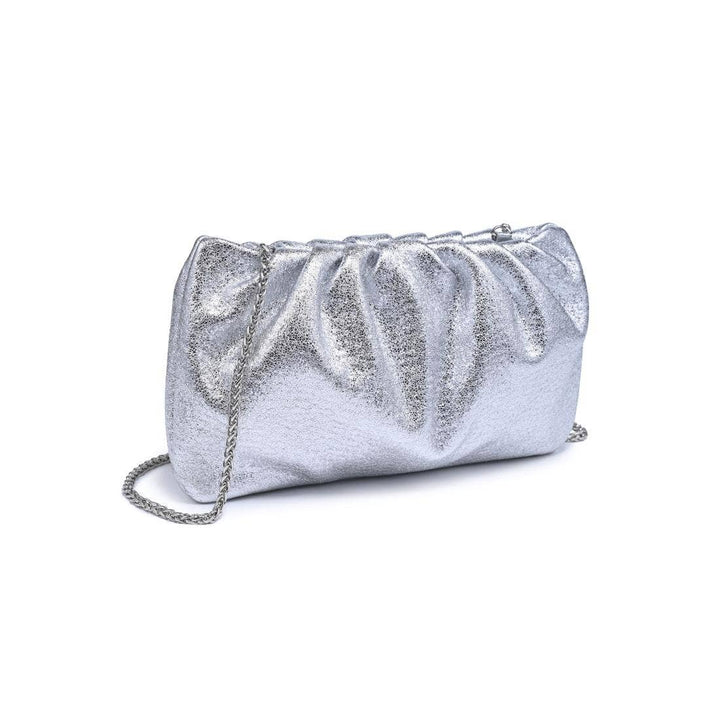 Moda Luxe fancy clutch silver metallic bag with chain strap and gathered ruched design for elegant occasions