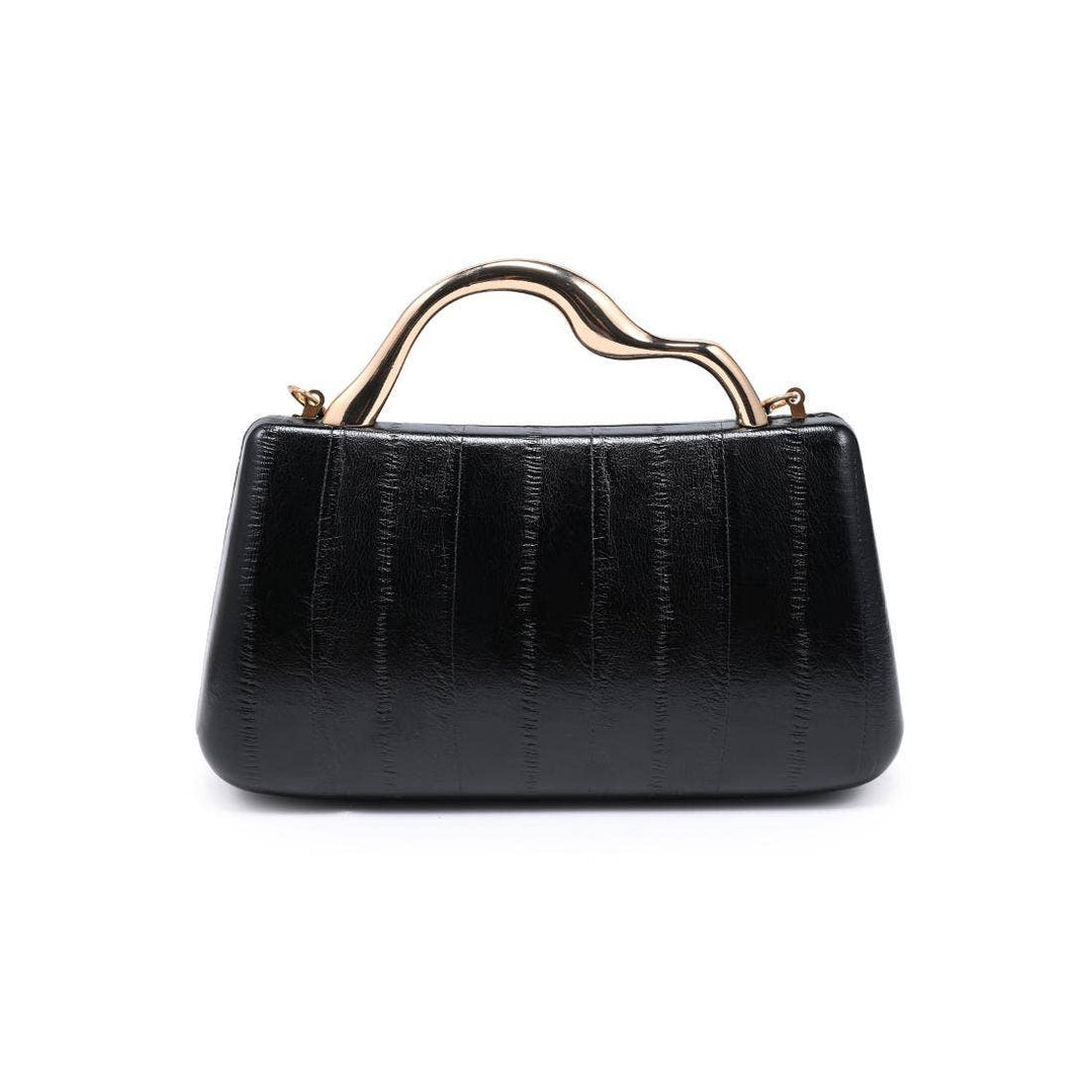 Nichelle clutch black crocodile-embossed handbag with sleek curved gold-tone handle for elegant occasions