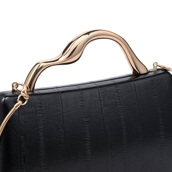 Nichelle clutch black crocodile-embossed handbag with curved gold-tone metal handle and matching chain strap