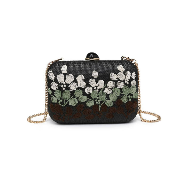 Roley evening bag black clutch with white green embroidered floral design gold chain strap and black spherical clasp