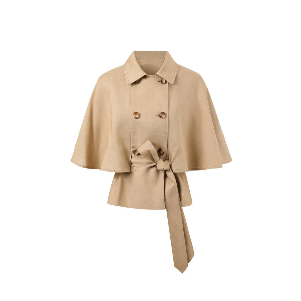 Beige double-breasted cape top with collar front buttons and tied waist belt in lightweight fabric