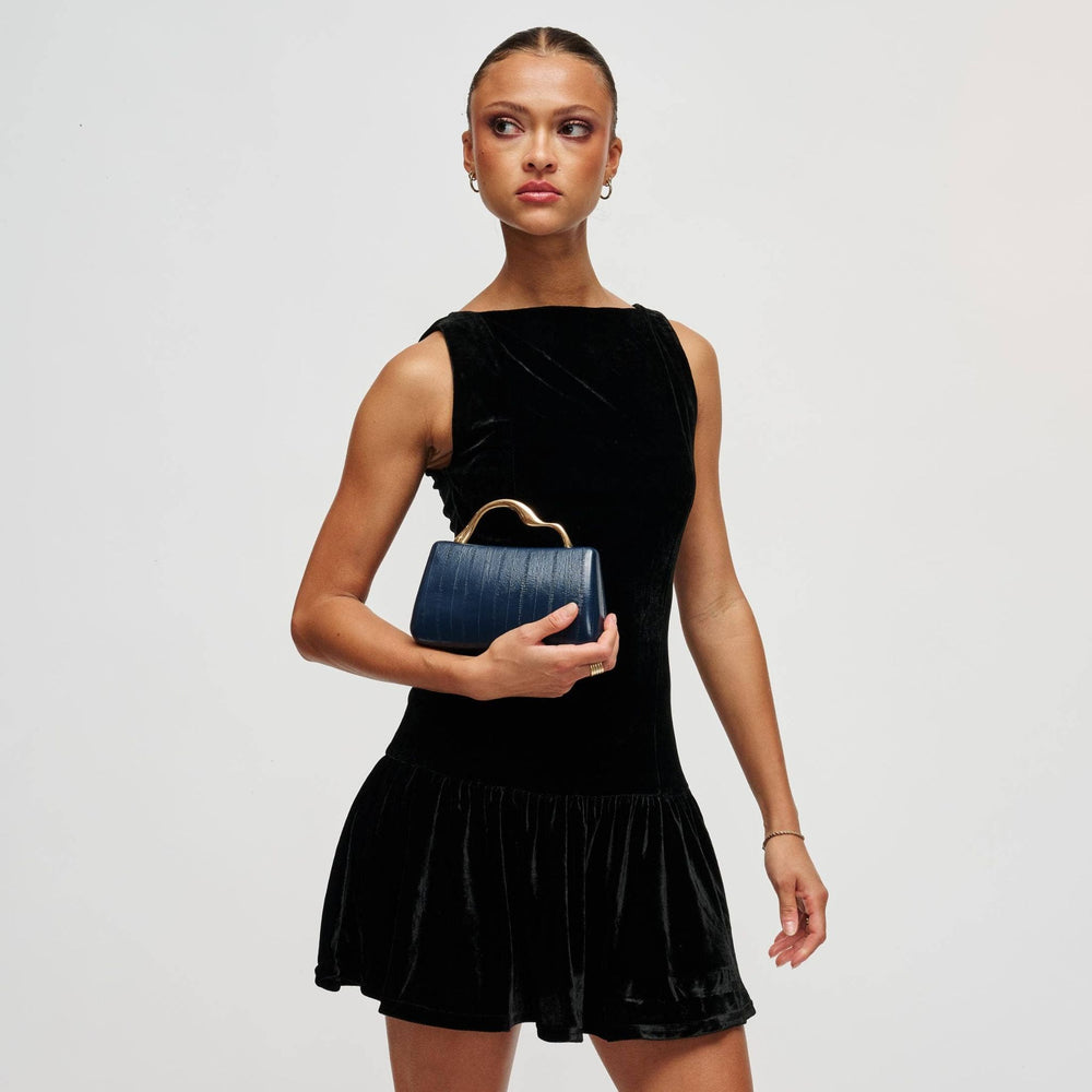 Navy blue crocodile-textured nichelle clutch with gold tone curved handle perfect for elegant evening use