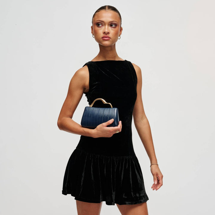 Navy blue crocodile-textured nichelle clutch with gold tone curved handle perfect for elegant evening use