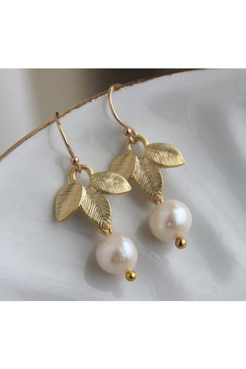 Laalee Jewelry - Gold Freshwater Pearl Leaf Earrings