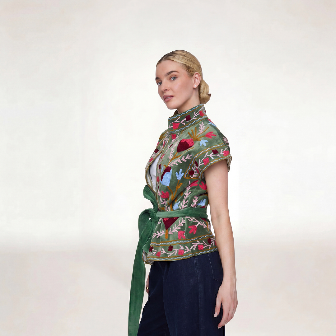 Jaipur embroidered jacket green featuring short sleeves with red blue and beige floral embroidery patterns