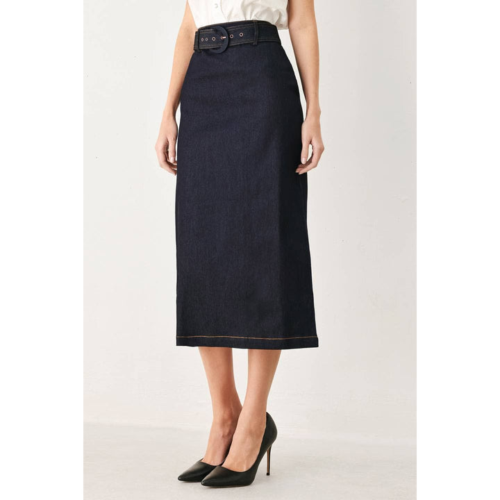 Dark blue denim pencil skirt with black belt featuring a circular buckle for stylish casual wear