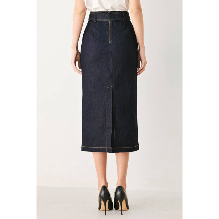 Dark blue denim pencil skirt with matching belt and front zipper detail in midi length