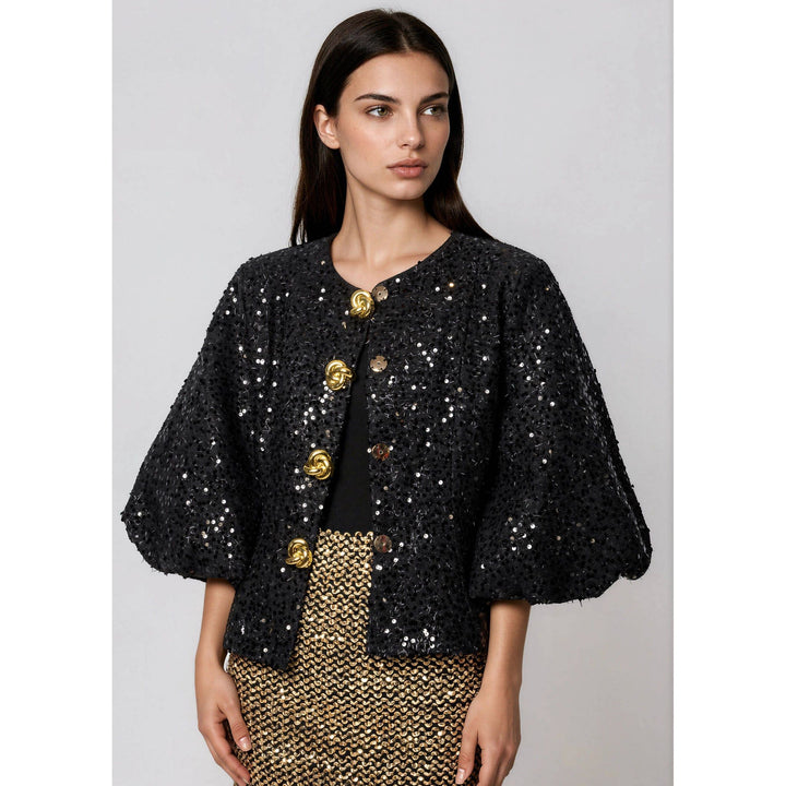 Black sequined tinsel balloon sleeve jacket with gold toned buttons and cape style design