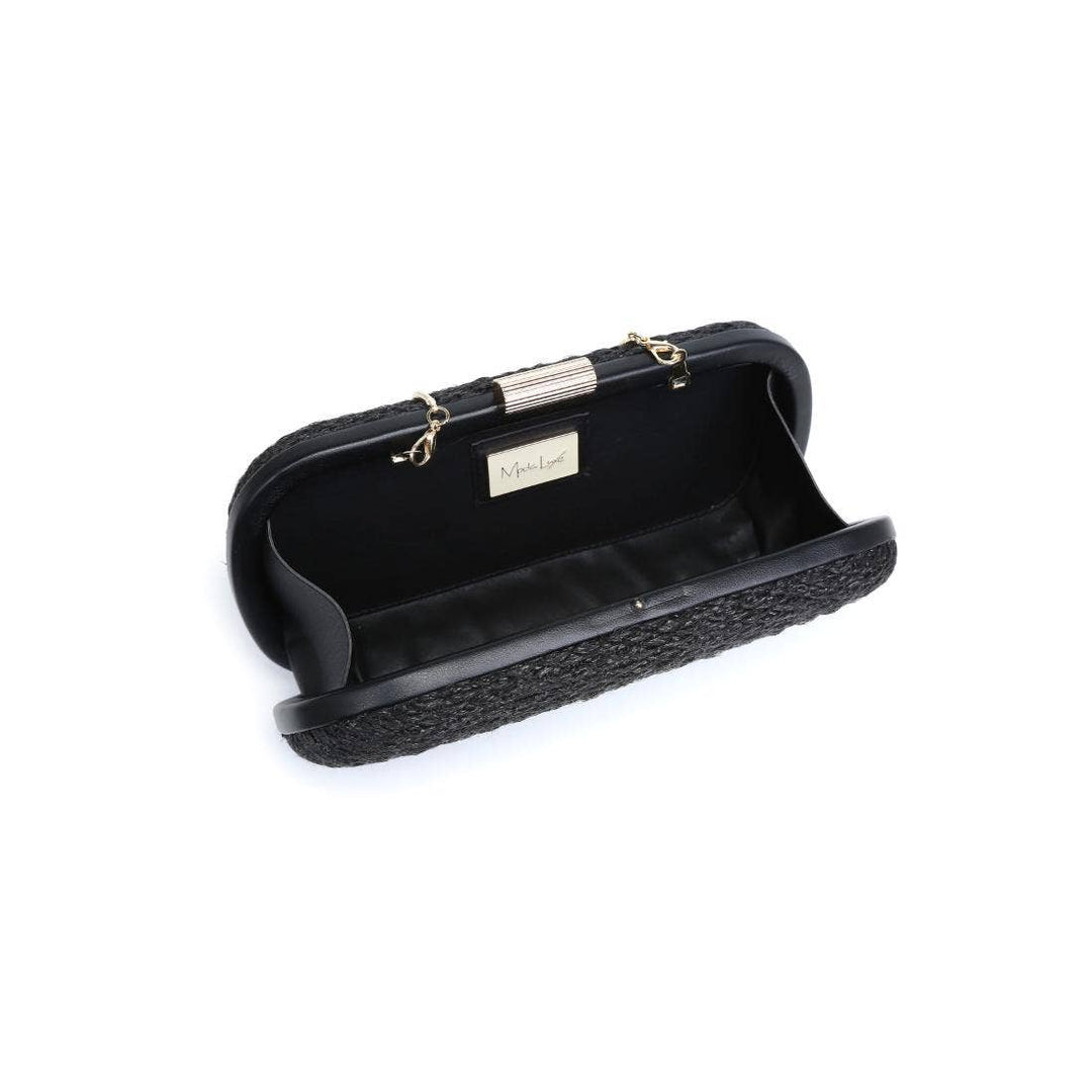 Quinn evening bag black woven clutch with sleek metallic clasp and satin lined interior for elegant events