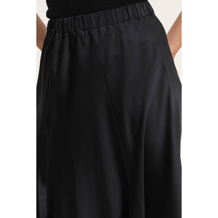 Valentina black skirt style black satin high-waisted wide-leg trousers with elastic waistband front view