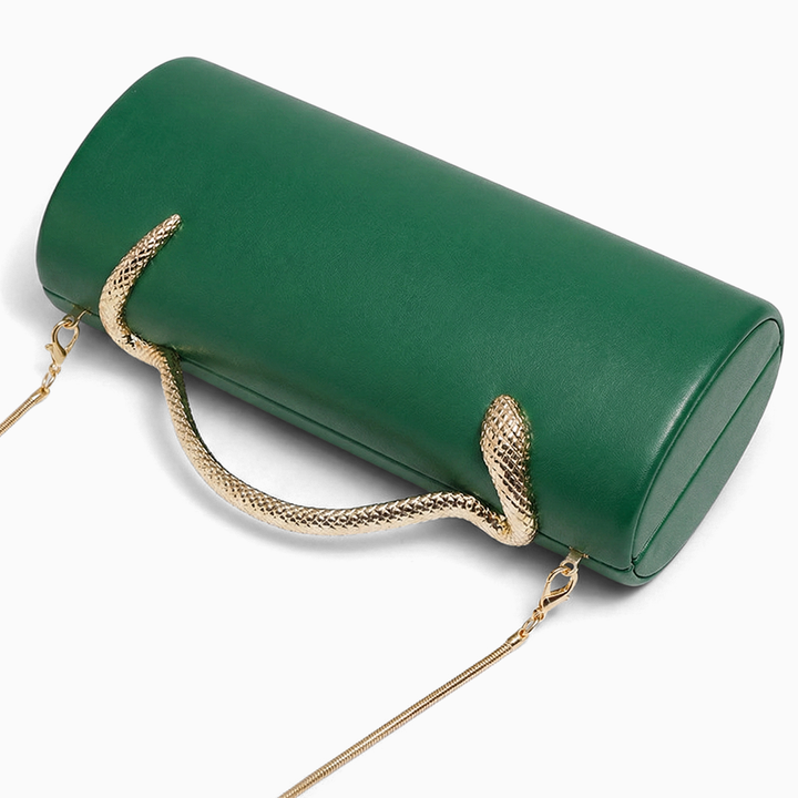 Maren handbag green emerald green cylindrical clutch with gold-toned snake handle and chain strap
