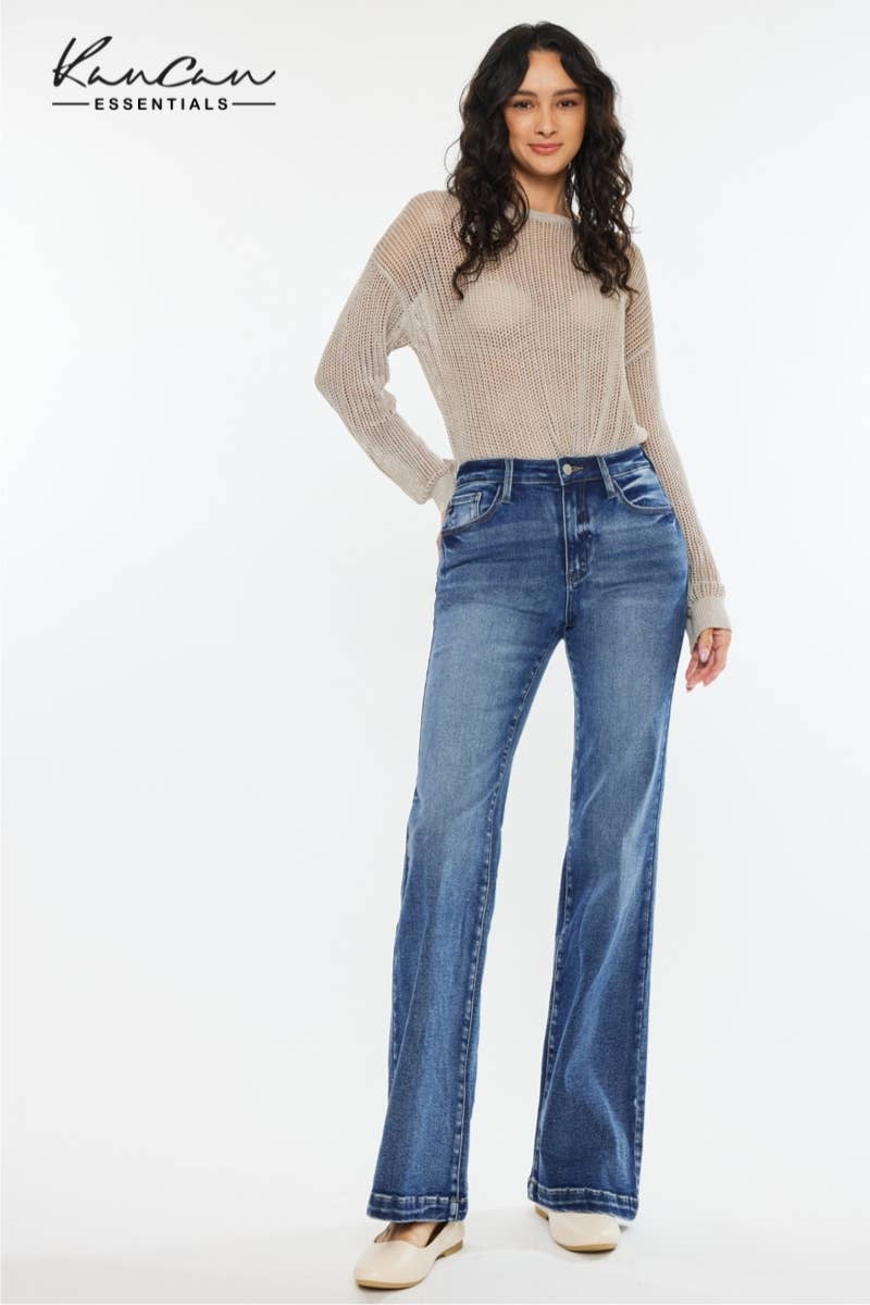 Kan Can High Rise Wide Leg Flare Jeans Dark Wash