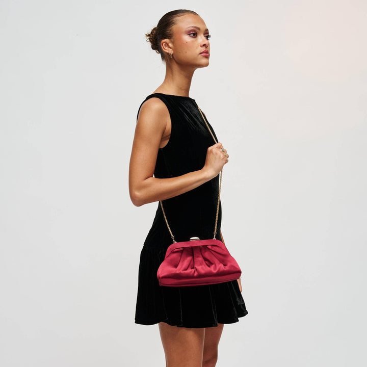 Fuchsia satin evening clutch with gold chain strap designed for stylish night events