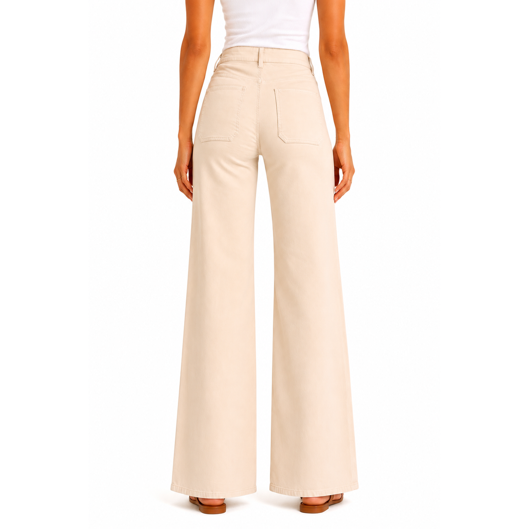 Luxe wide leg cream patch pocket pants in beige with high waist tailored fit and subtle front pockets
