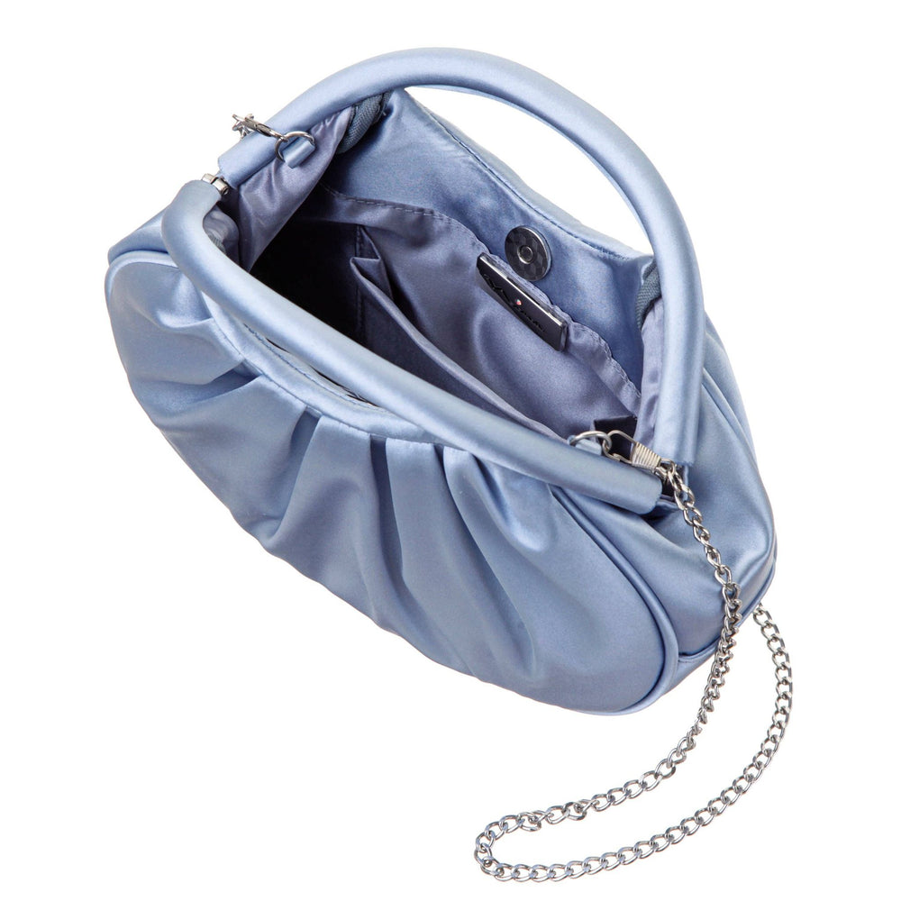 A soft light blue satin Bren evening bag with structured handle and silver chain strap for formal occasions