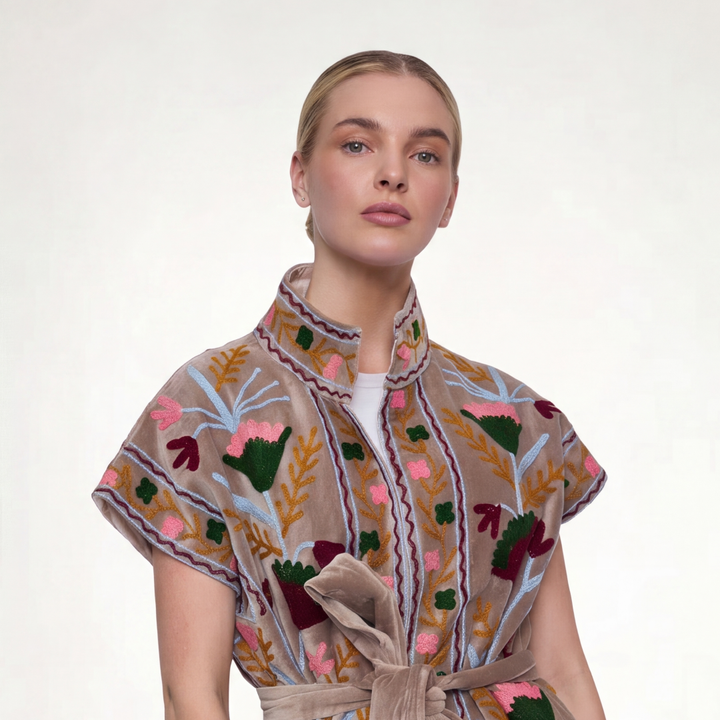 Beige velvet jaipur embroidered jacket gray with intricate pink green and gold floral embroidery detail