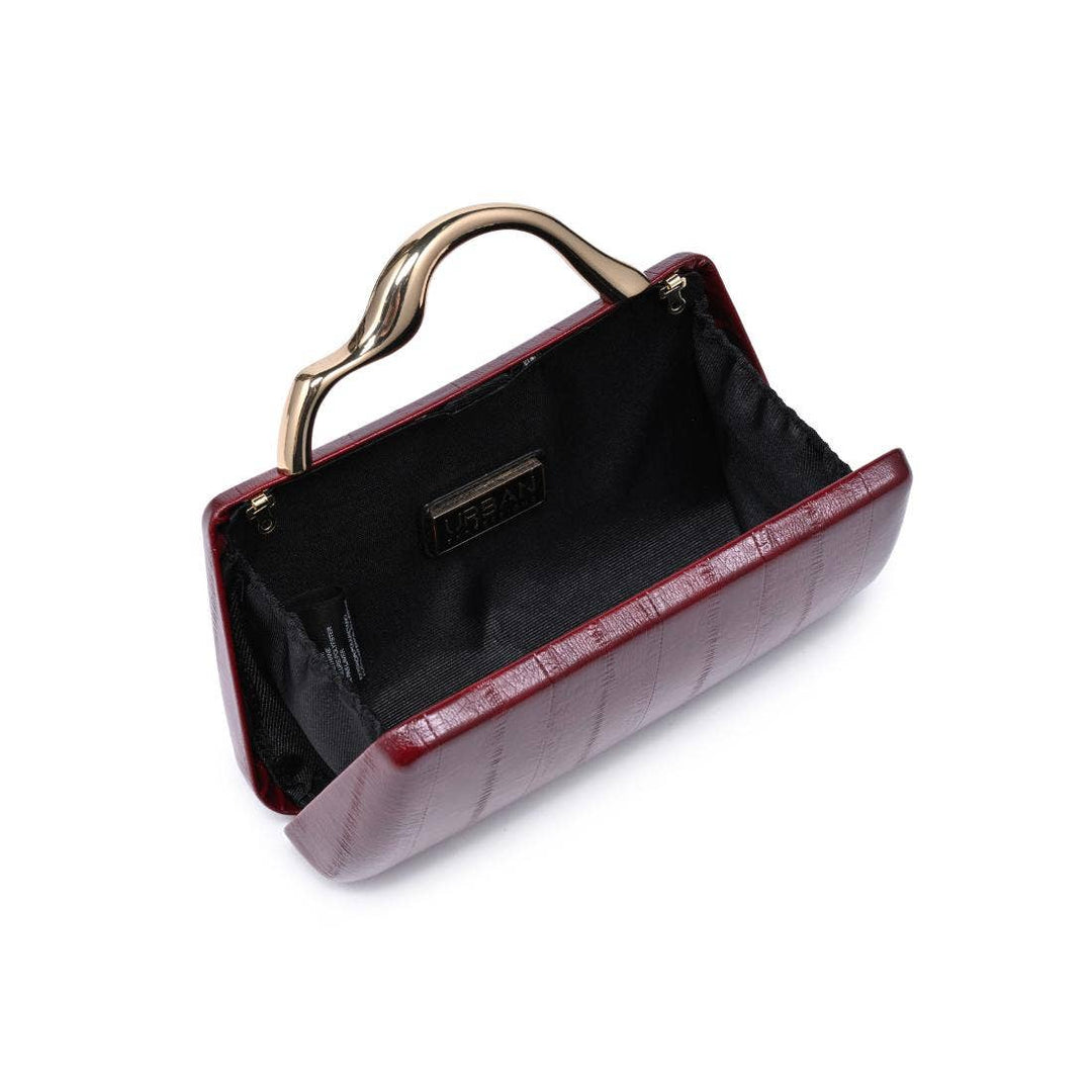 Nichelle clutch burgundy is a crocodile-textured bag with a gold-tone curved handle perfect for elegant occasions