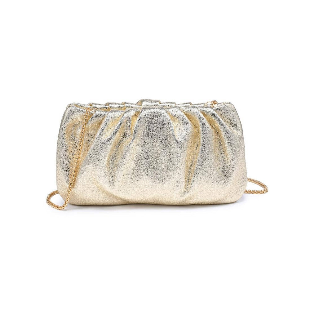 Moda Luxe Fancy Clutch gold shimmering gold metallic clutch bag with ruched texture and delicate chain strap