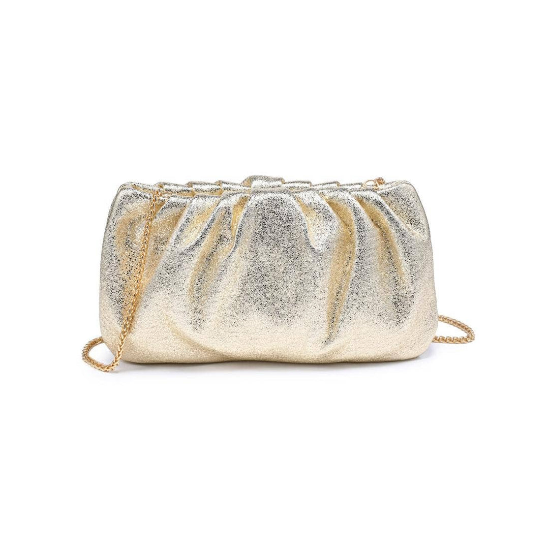 Moda Luxe Fancy Clutch gold shimmering gold metallic clutch bag with ruched texture and delicate chain strap
