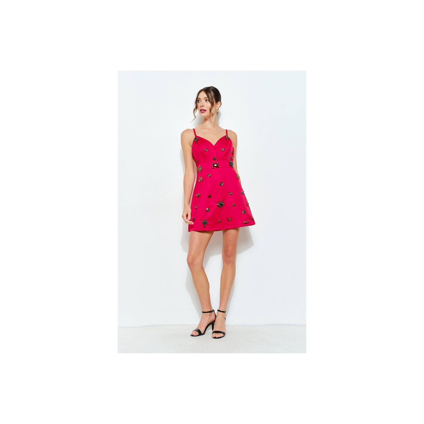 INA Embellished Jewel Satin Red Mini Dress