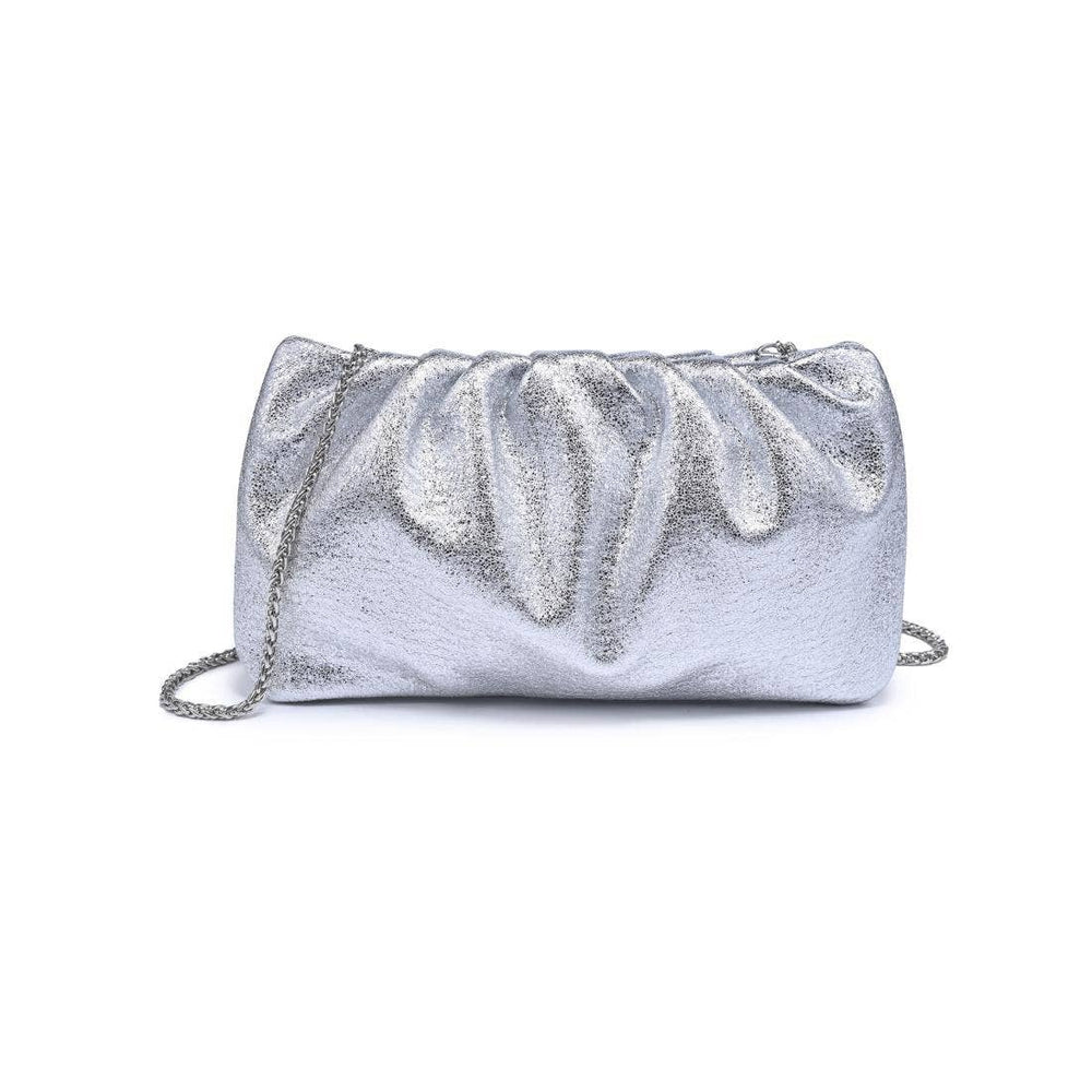 Moda Luxe fancy clutch silver metallic with gathered ruched design and chain strap for elegant occasions