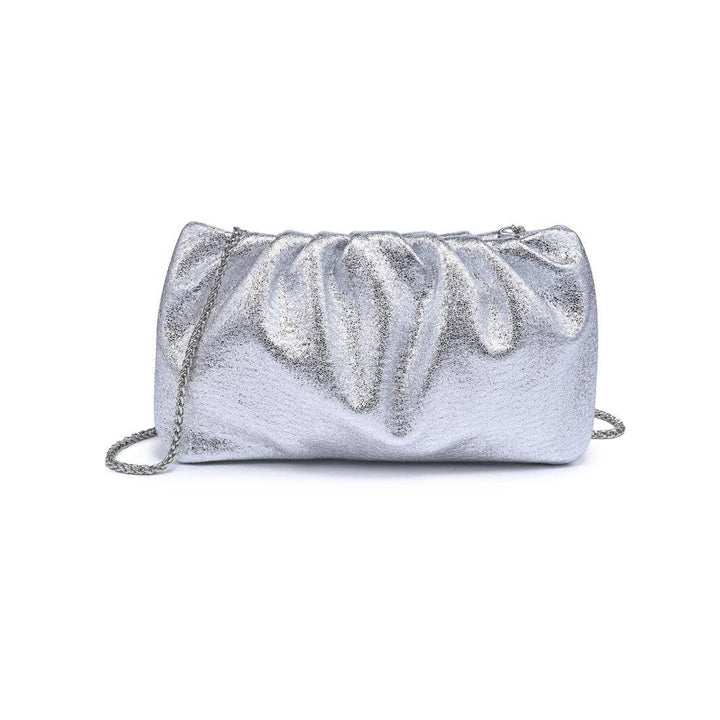 Moda Luxe fancy clutch silver metallic with gathered ruched design and chain strap for elegant occasions