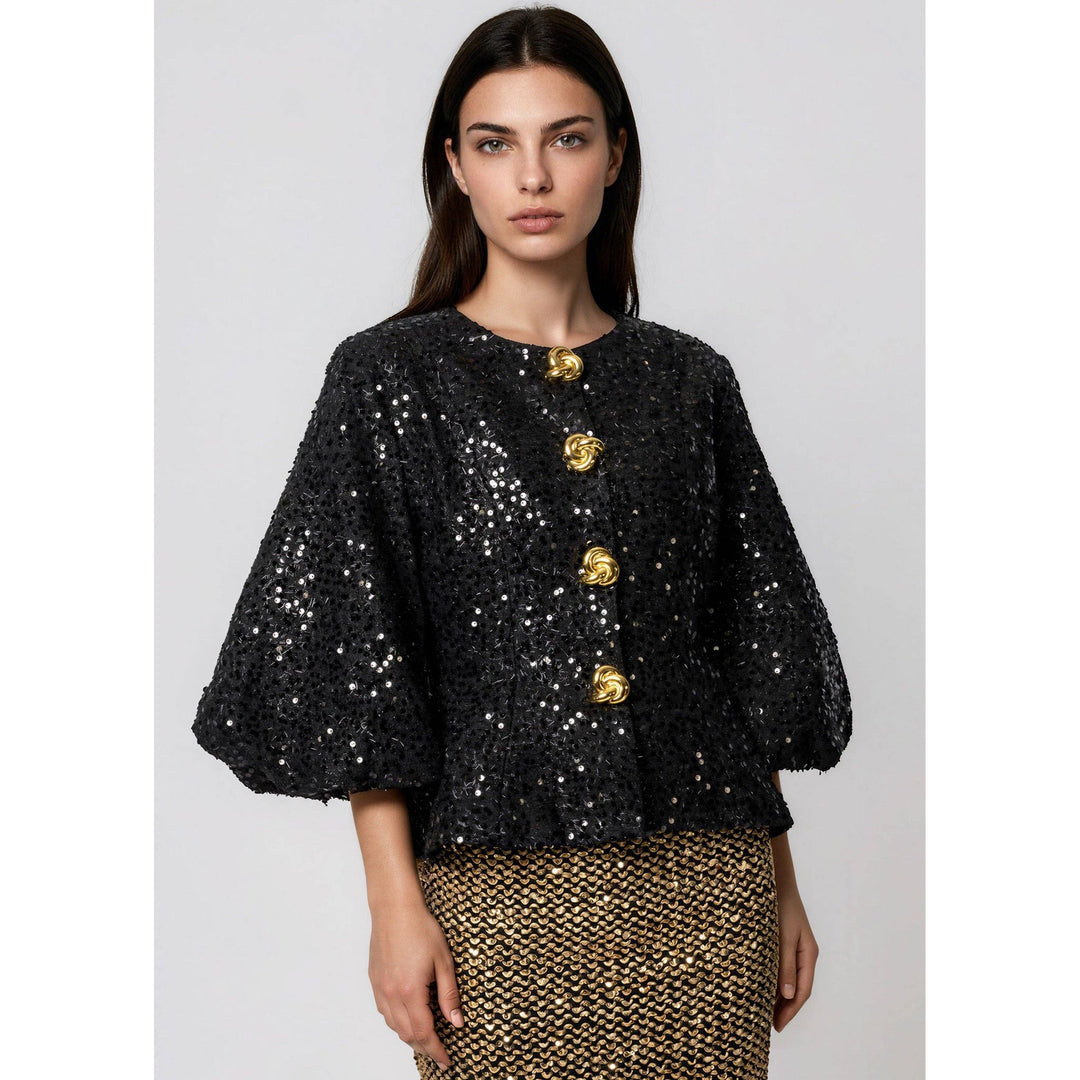 Black sequined cape-style tinsel balloon sleeve jacket with gold-tone twisted button closures