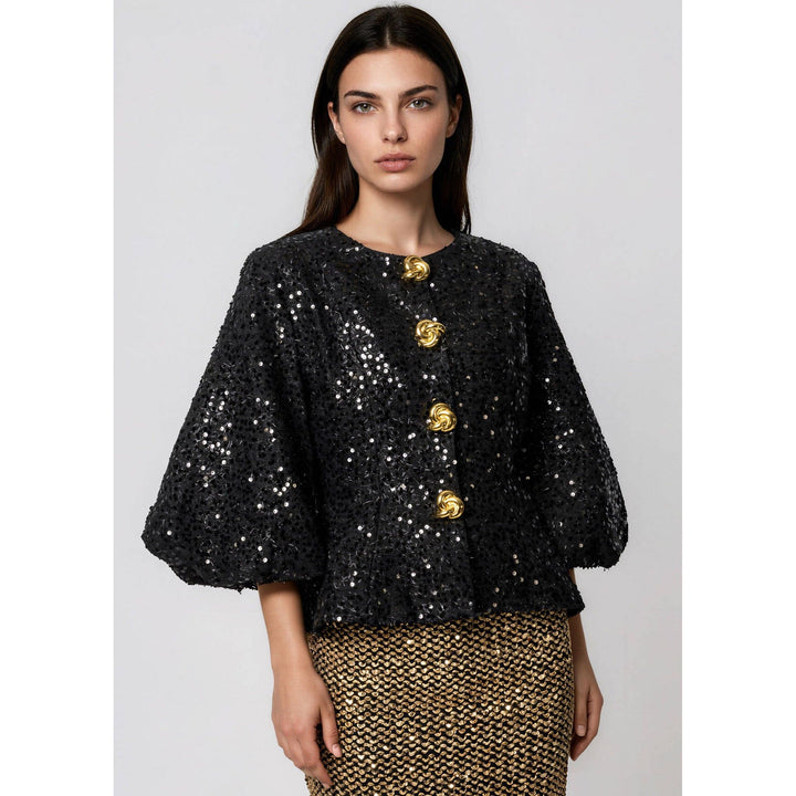 Black sequined cape-style tinsel balloon sleeve jacket with gold-tone twisted button closures