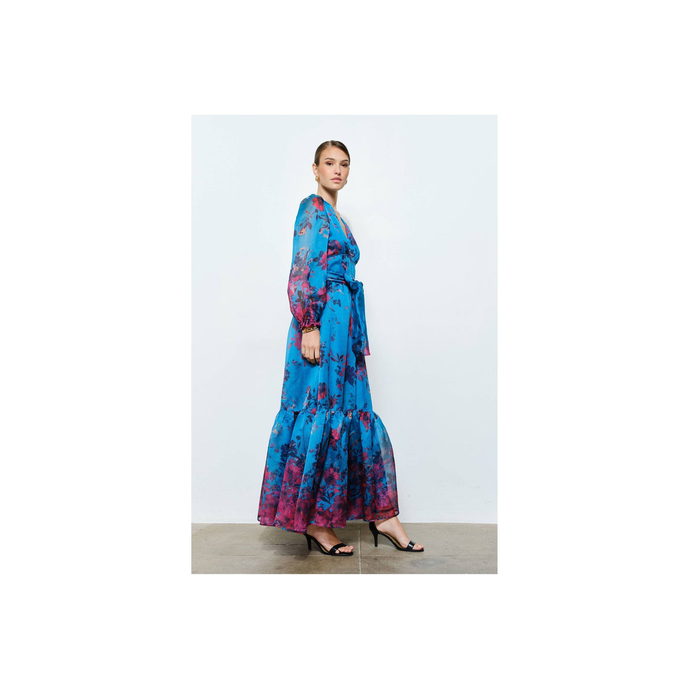 INA Floral Print Organza Red Maxi Dress