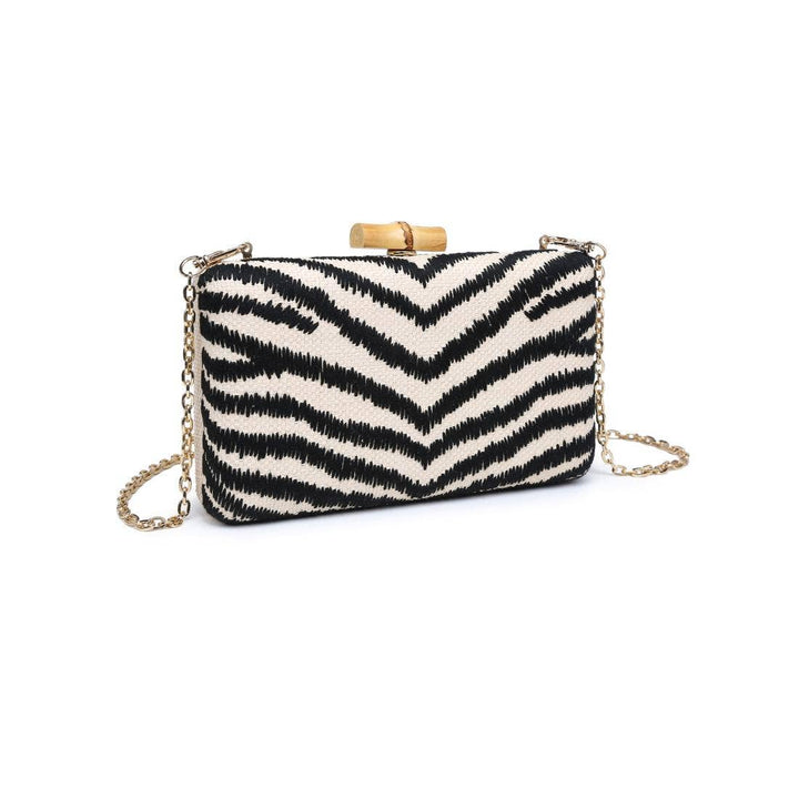 Dorit clutch black and white chevron pattern with bamboo-style clasp and gold chain strap for stylish occasions