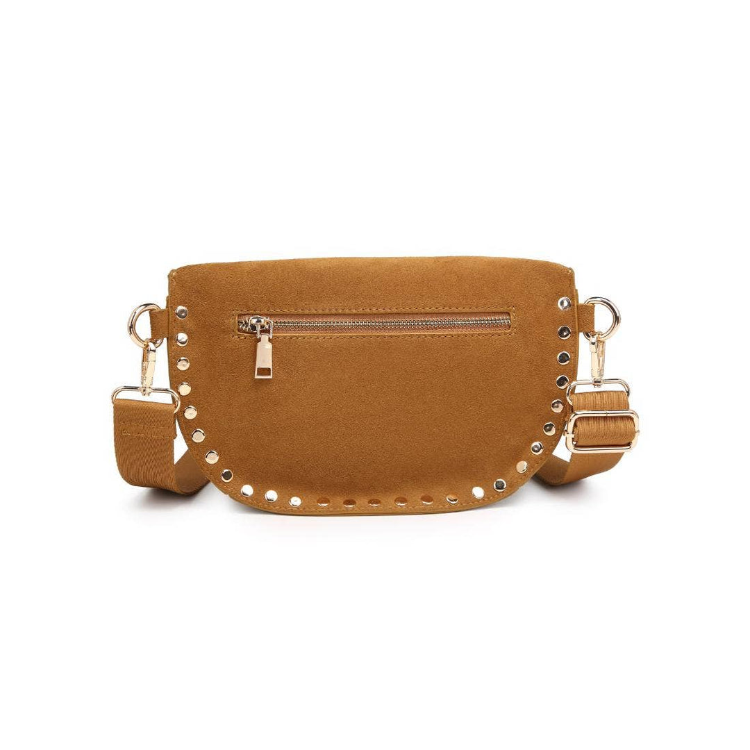 Gizelle suede belt bag in tan with gold-tone studs and a front zipper pocket for hands-free convenience