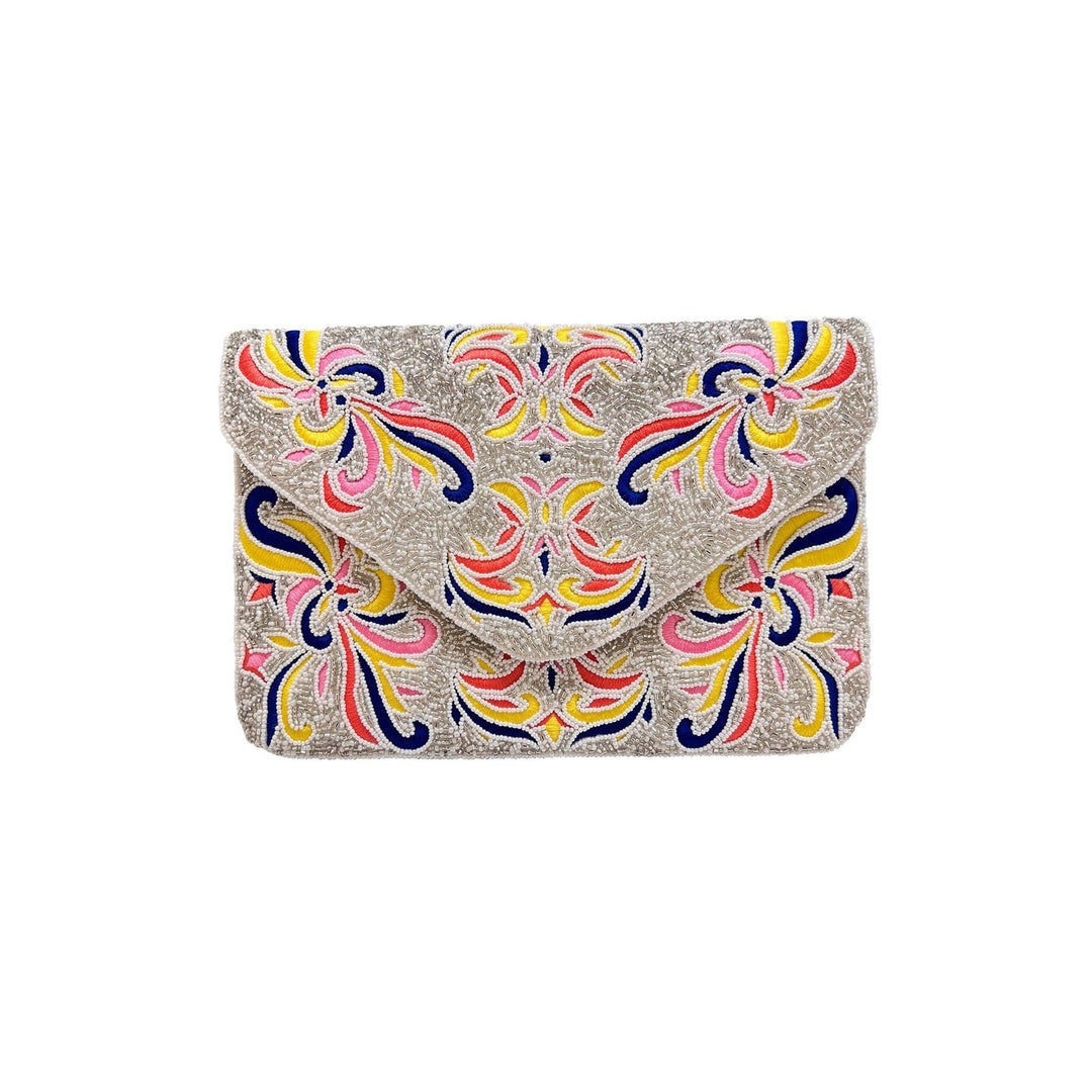 Multi color beaded clutch featuring a silver envelope design with vibrant pink yellow and blue floral patterns
