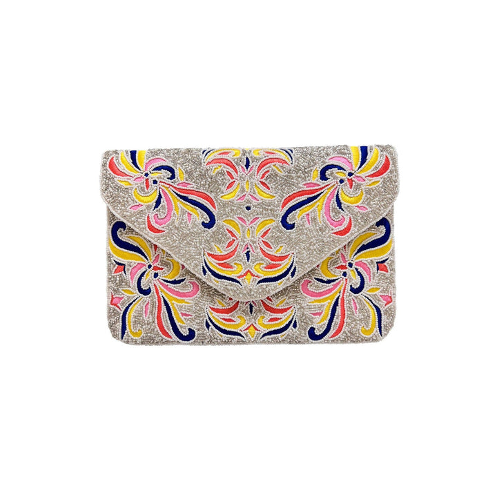 Multi color beaded clutch featuring a silver envelope design with vibrant pink yellow and blue floral patterns