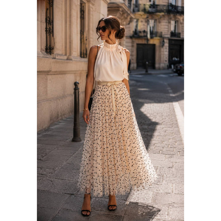 Aria tulle skirt flowing cream-colored skirt with delicate black polka dots and matching fabric belt