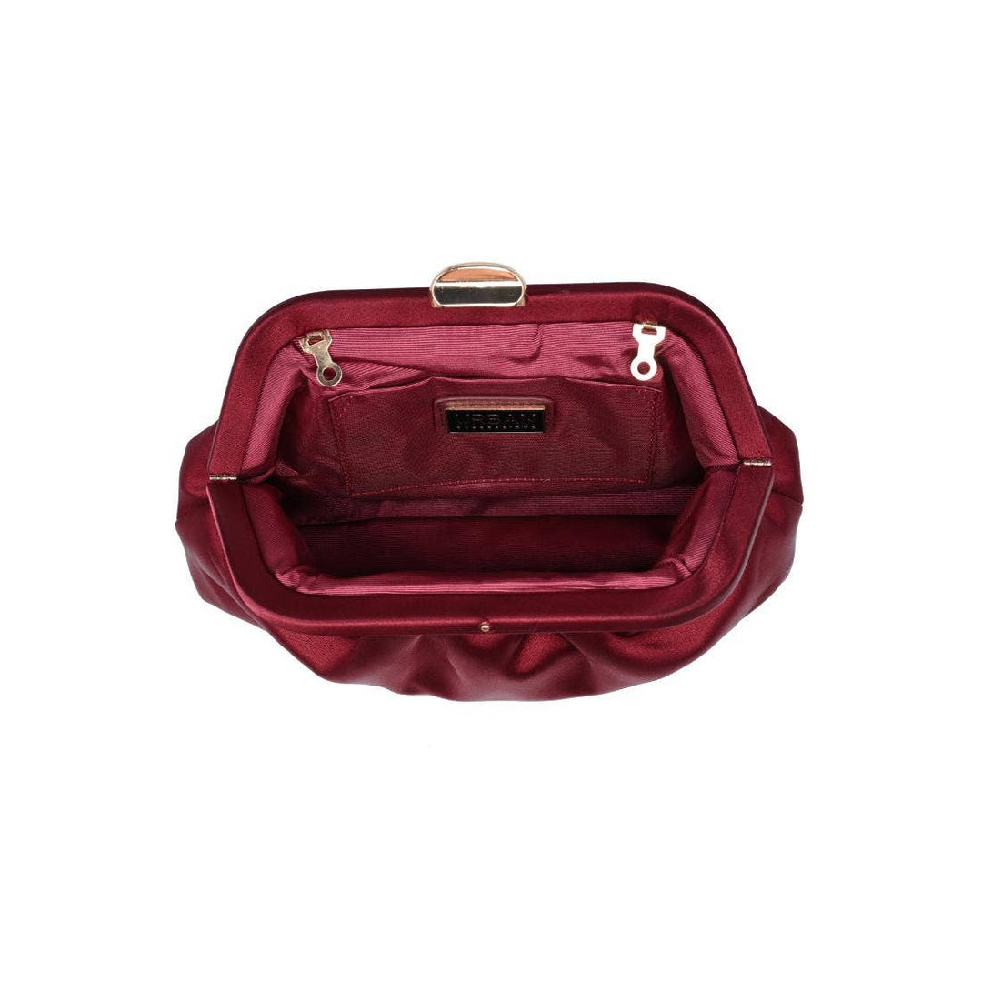 Evening clutch burgundy deep red satin bag with gold-toned clasp and interior lining for formal occasions
