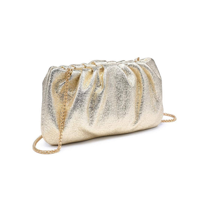 Moda Luxe fancy clutch gold metallic bag with ruched top and delicate chain strap for elegant occasions