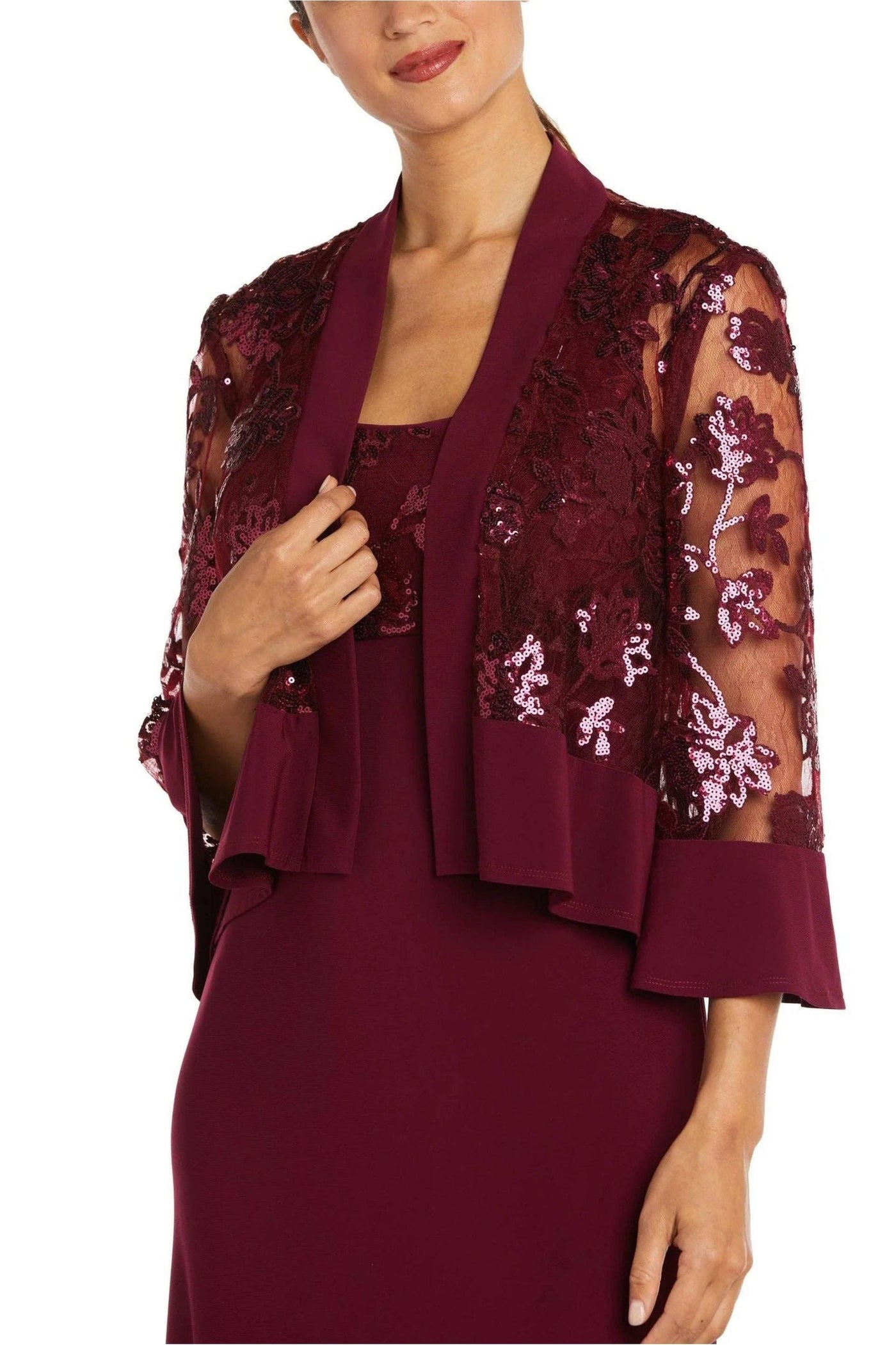 Scoop Neck Sleeveless Dress with Sequin Mesh Lace Jacket Merlot